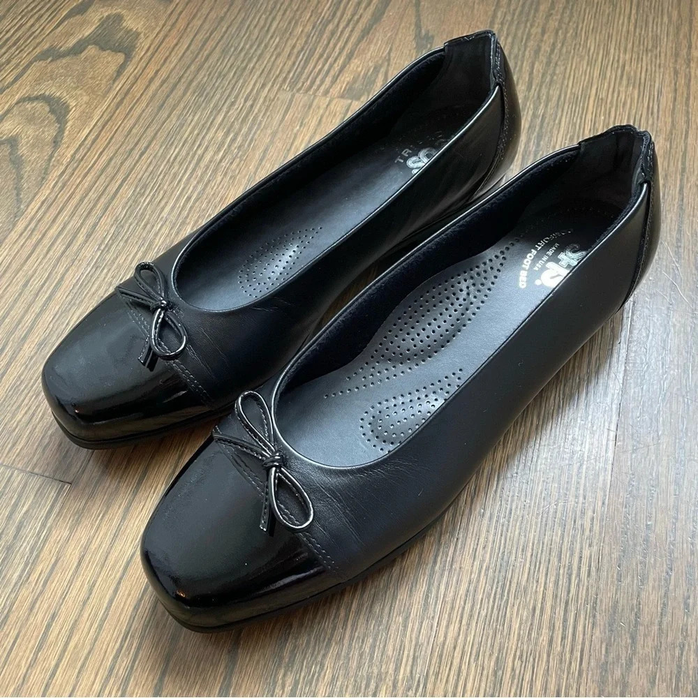 SAS USA Leather Coco Black Bow Ballet Flat Patent Trim size 9 Orthotic